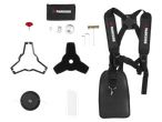 PARKSIDE petrol brush cutter equipment, including harness, blades, and tools.
