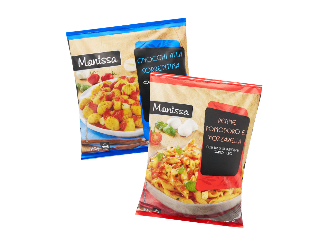 Due confezioni di pasta Monissa, una di gnocchi alla sorrentina e una di penne pomodoro e mozzarella.