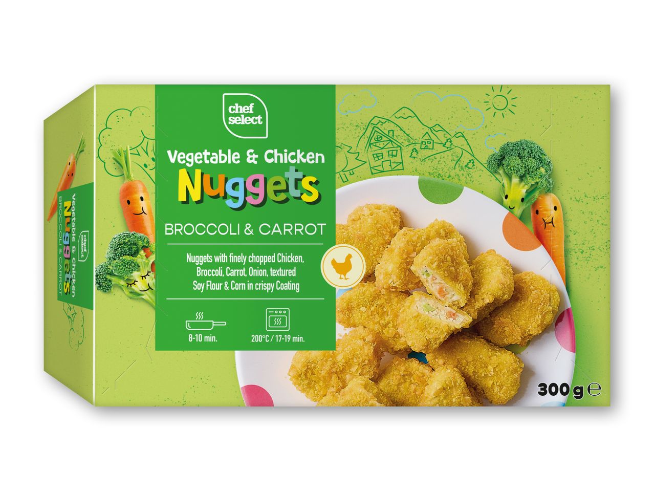En pakke med Chef Select grøntsags- og kyllingenuggets med broccoli og gulerod.