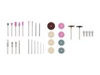 Assortment of rotary tool accessories including grinding stones, cutting discs, brushes, and drill bits.