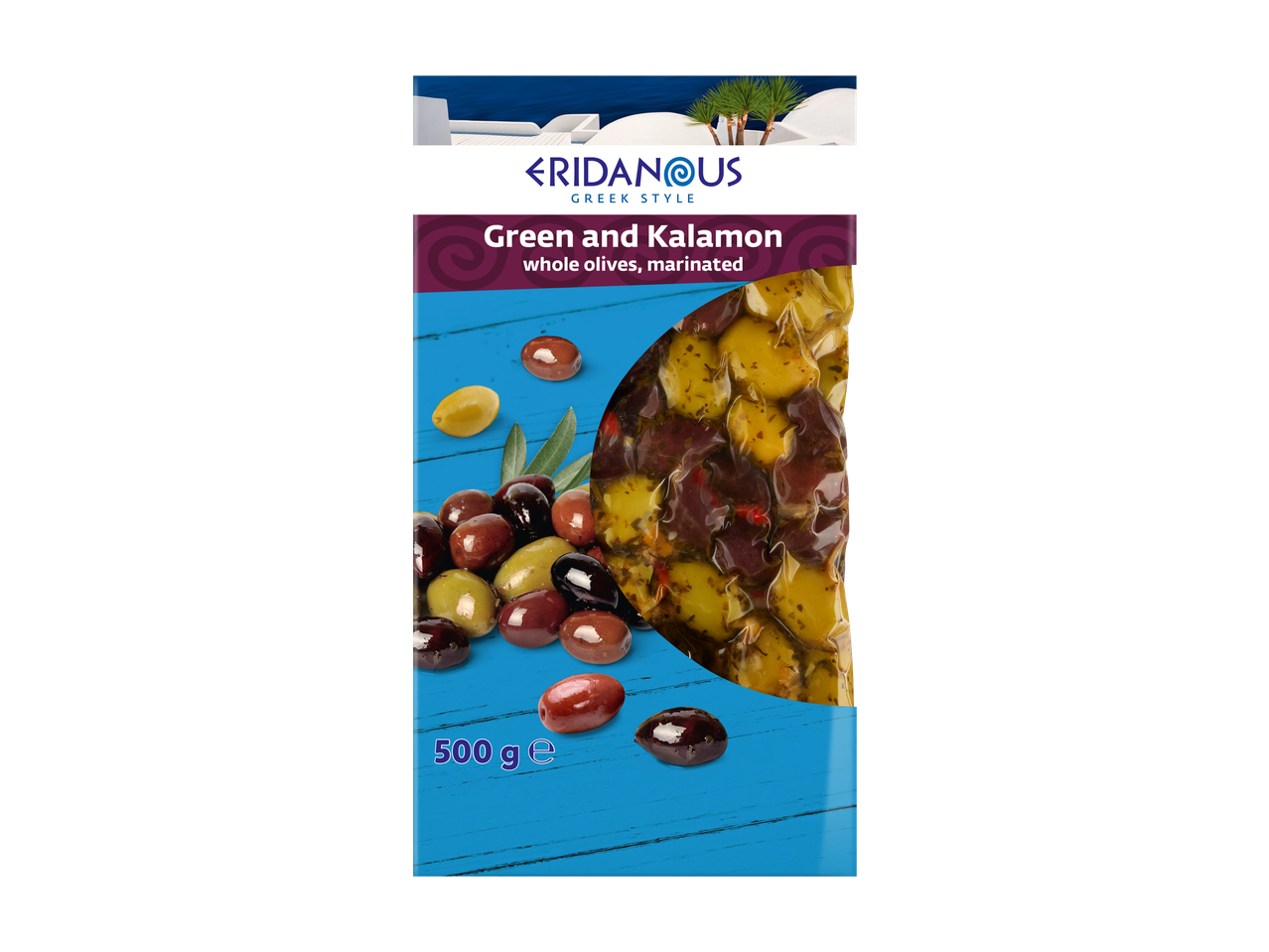 Eridanous Groene en Kalamon hele gemarineerde olijven, 500g