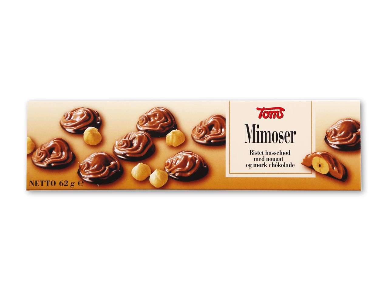 En æske chokolade med hasselnødder og nougat, med en vægt på 62g.