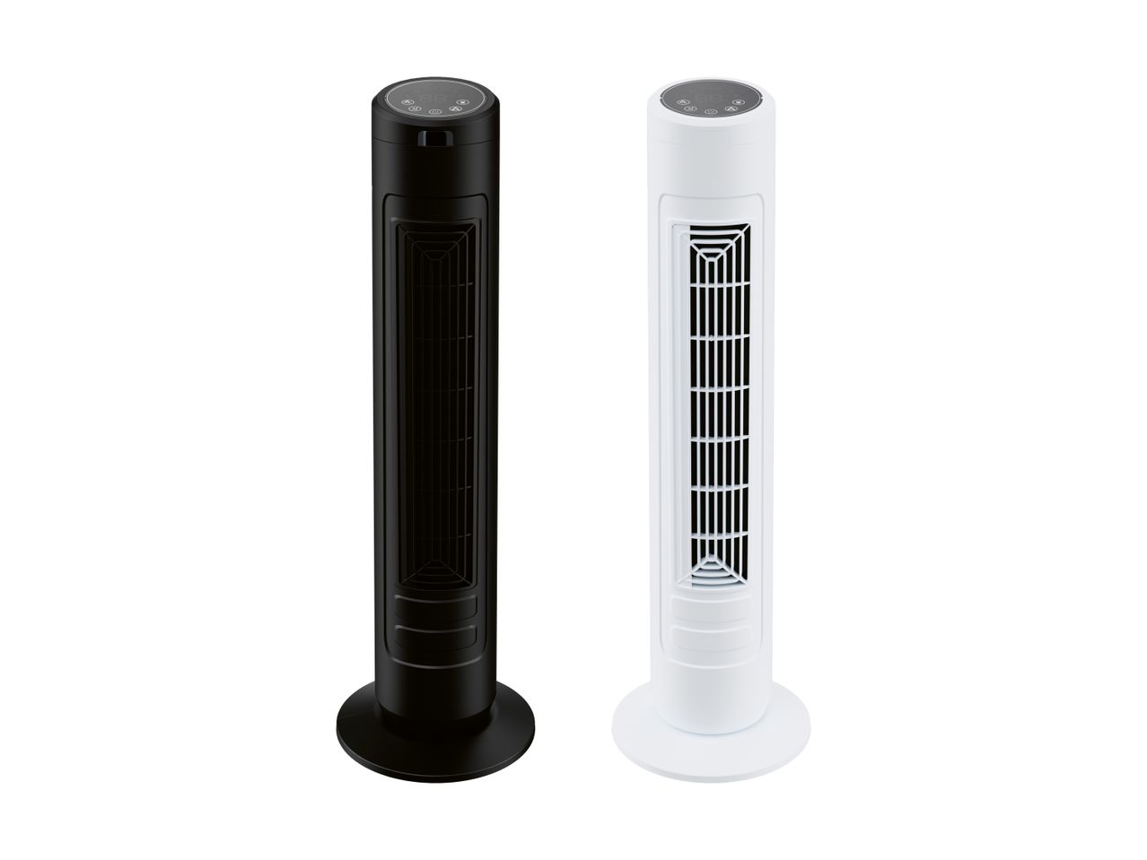 To tårnventilatorer, en sort og en hvid, med digitale displays.