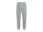 Light grey sweatpants with a white drawstring on a white background.