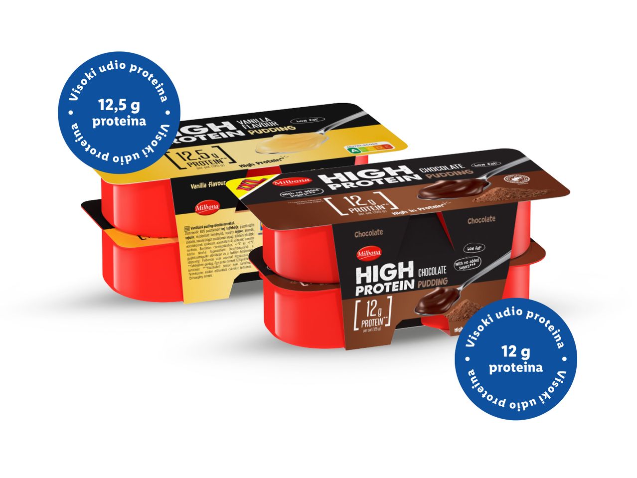 Milbona high-protein puddings in vanilla and chocolate flavors.