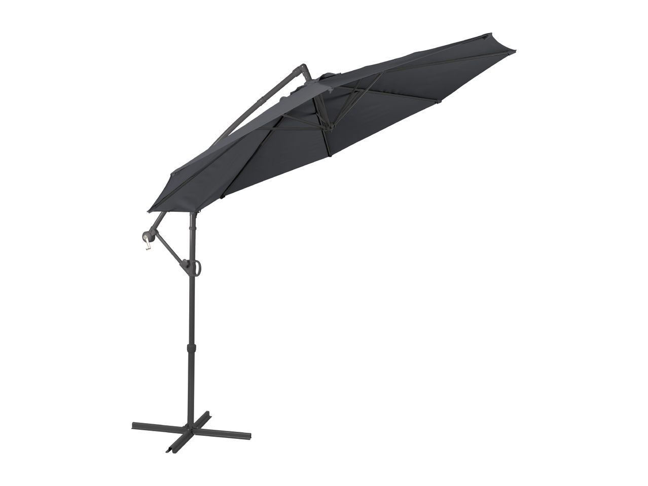 Dark grey cantilever patio umbrella with a cross base, angled for shade.