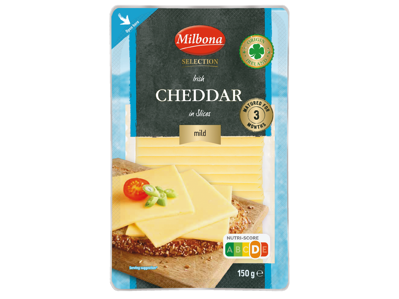 Опаковка ирландски чедър на филийки, 150 гр, с Nutri-Score B.