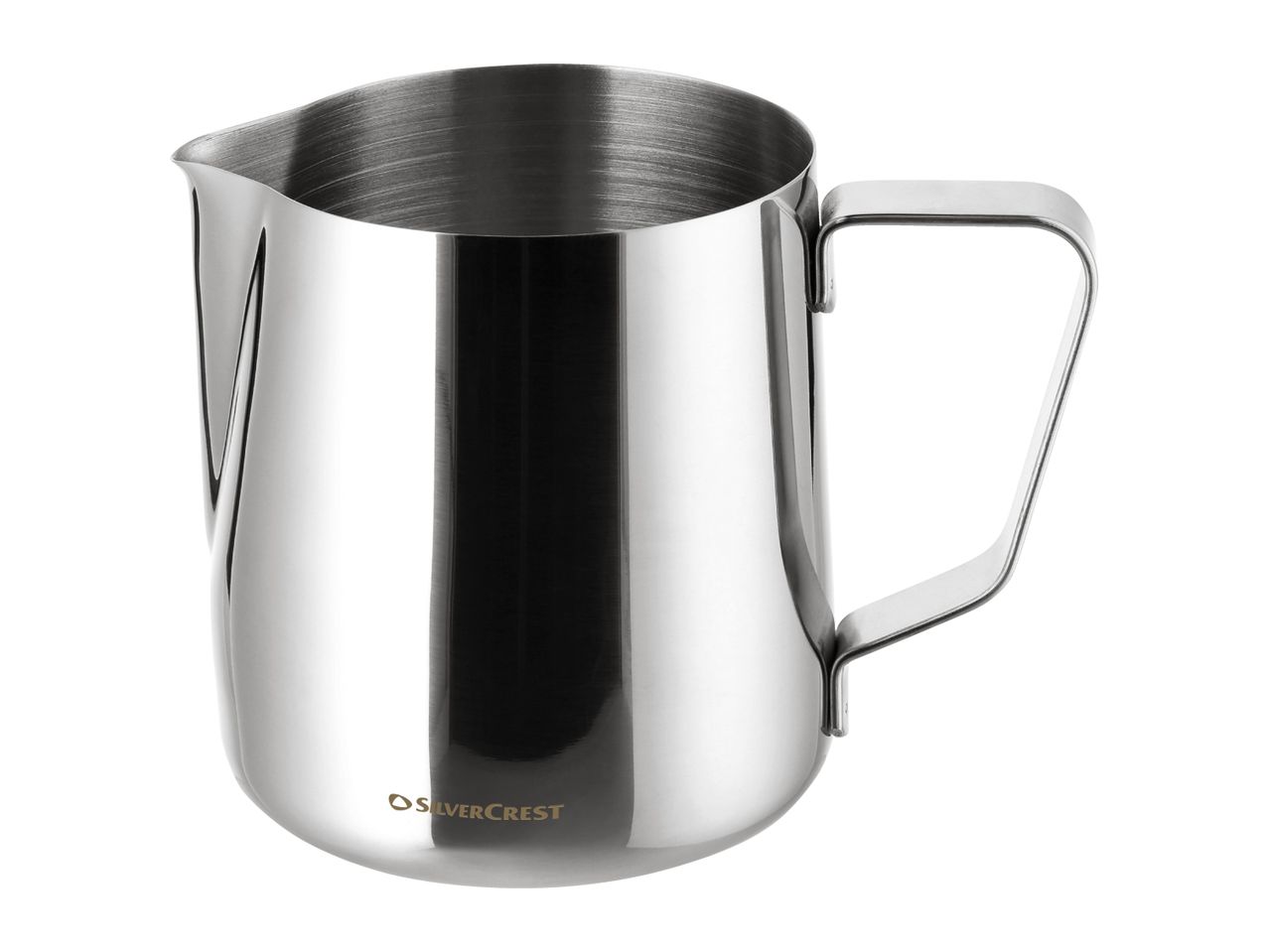 Stainless steel milk frothing pitcher with a handle and a pouring spout
