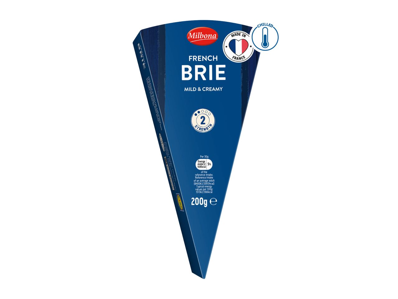 A wedge of French Brie cheese, mild and creamy, with a strength rating of 2, 200g.