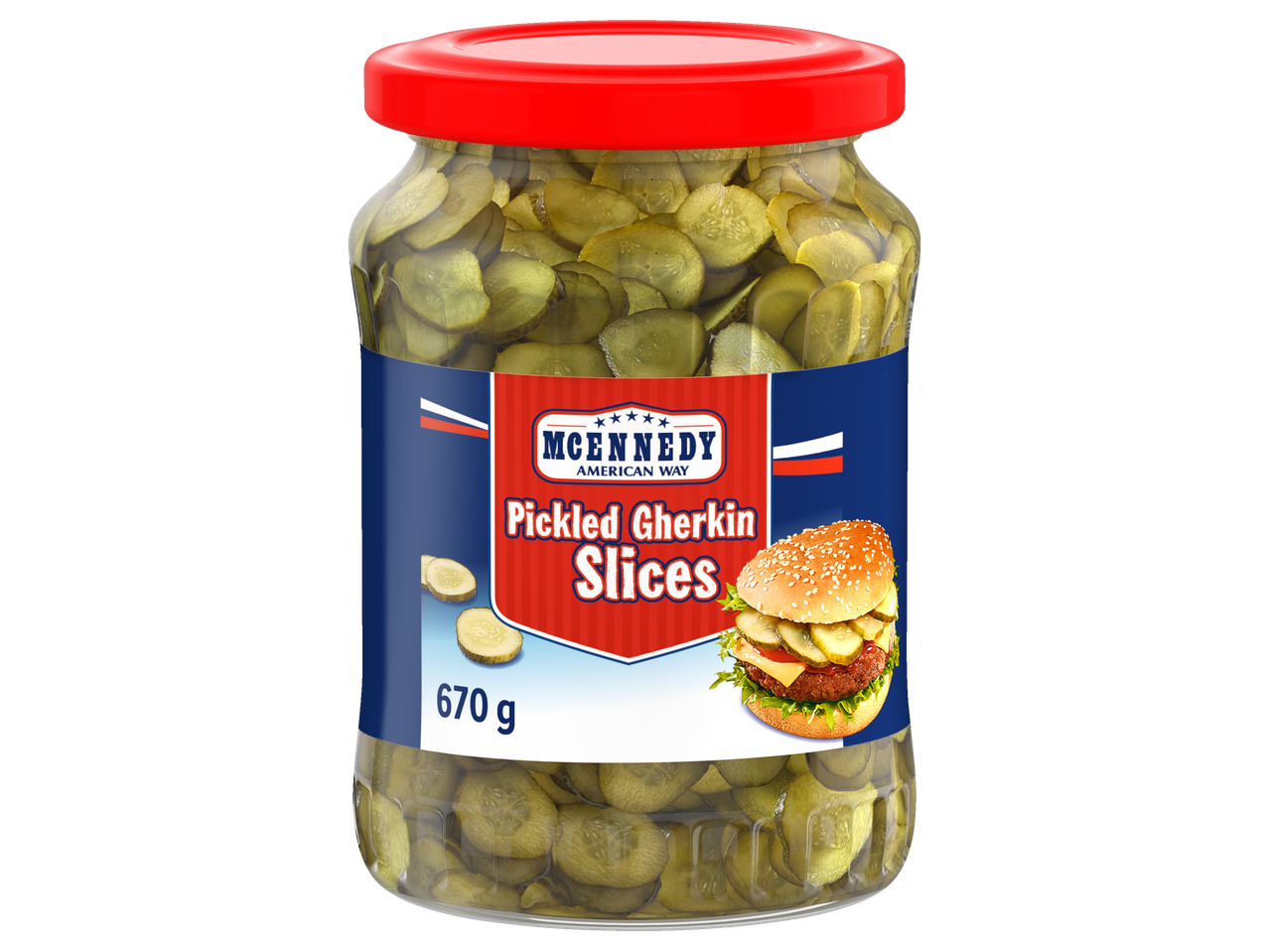 McEnnedy Pickled Gherkin Slices jar, 670g, with a burger on the label.
