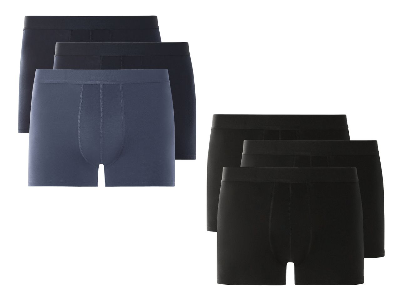Sechs Boxershorts für Herren in Schwarz und Blau.