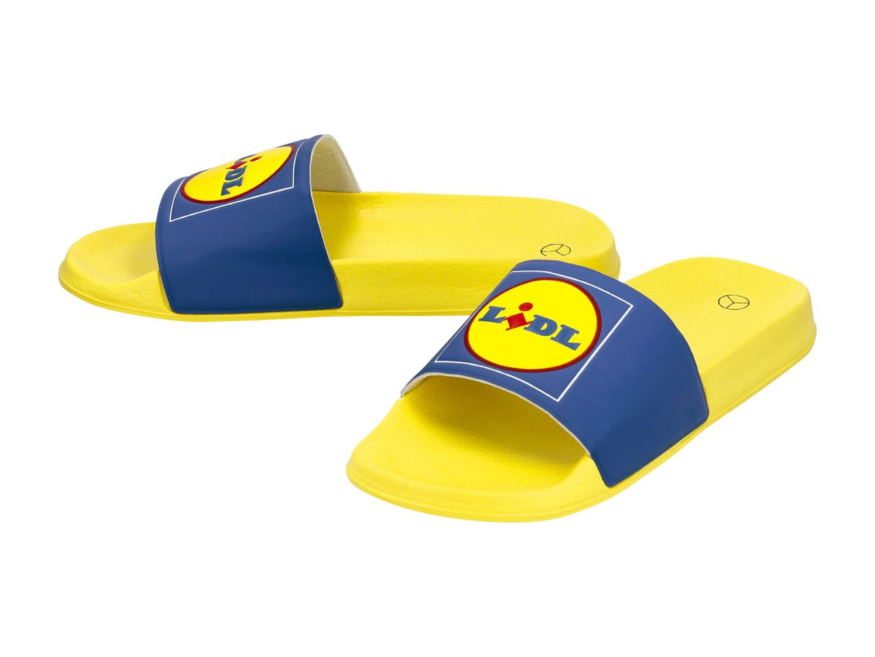 Pair of yellow and blue slide sandals with a circular logo on the strap.
