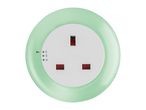 A green and white circular electrical outlet with three rectangular slots.