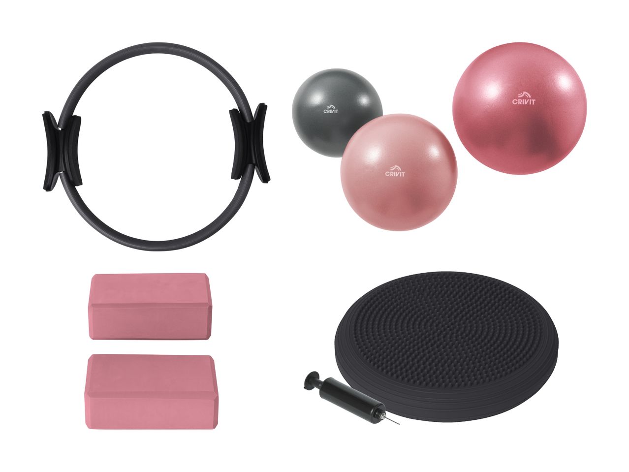 Crivit Pilates-Ring, Balance-Bälle, Yogablöcke und Balancekissen mit Pumpe.