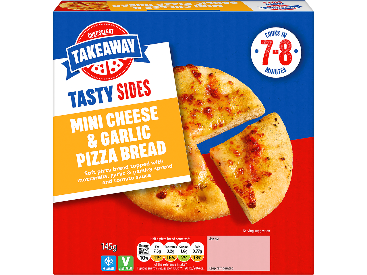 Chef Select mini cheese & garlic pizza bread, cooks in 7-8 minutes.