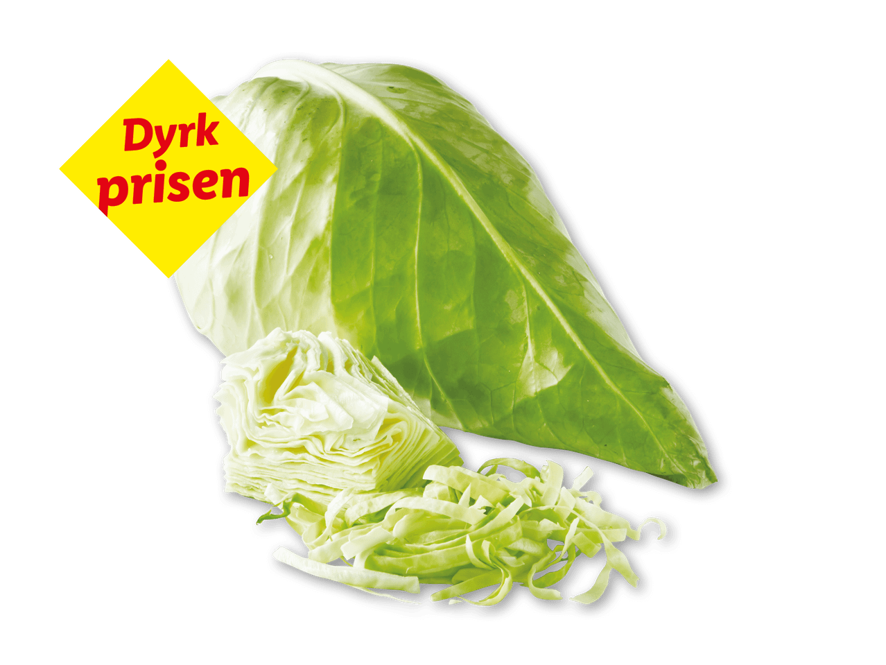 Hvidkål, hel og snittet, med et gult skilt der siger 'Dyrk prisen'.