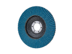 A blue and black flap disc for an angle grinder.