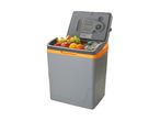 Grey and orange portable cooler filled with various fruits and a bottle of water.