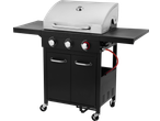 Grillmeister 3 Burner Gas Barbecue with stainless steel lid and black cabinet