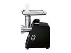 Black electric meat grinder with a silver tray and white food pusher, viewed from the side.