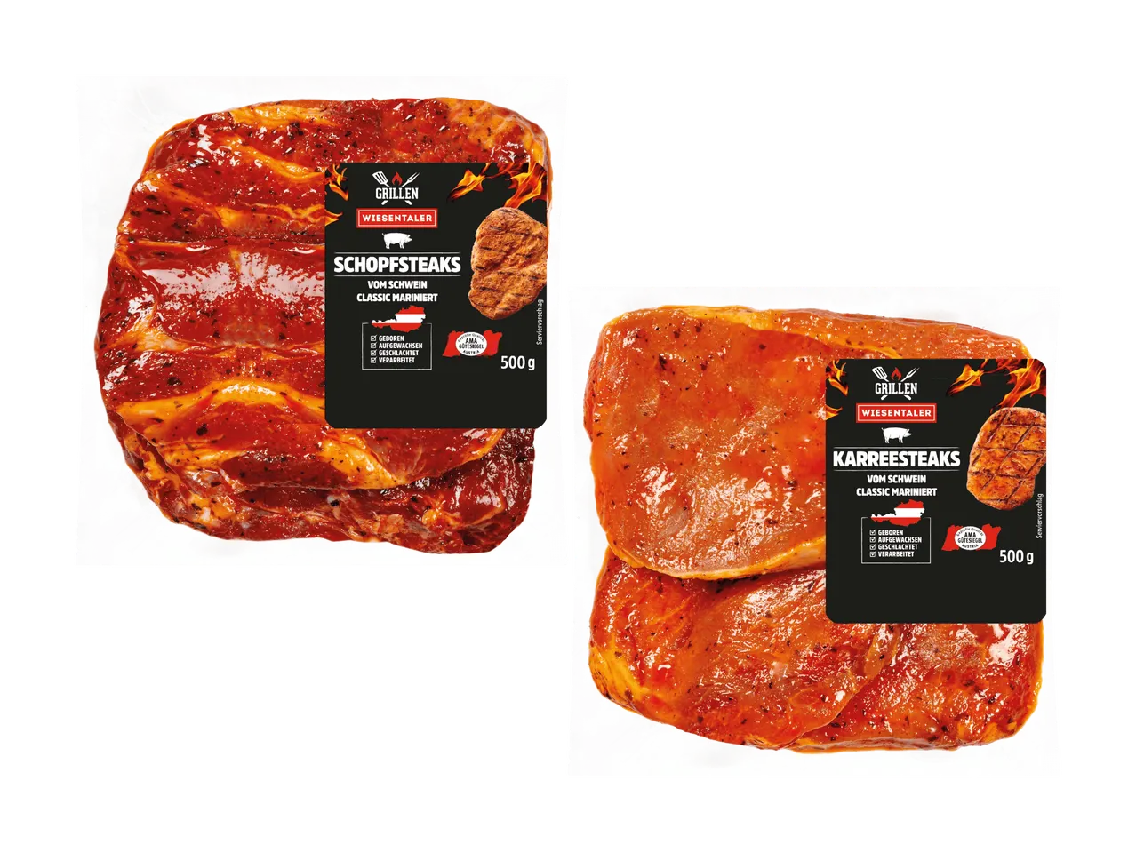 Zwei Packungen marinierte Schweinesteaks zum Grillen, Schopfsteaks und Karreesteaks, je 500g.