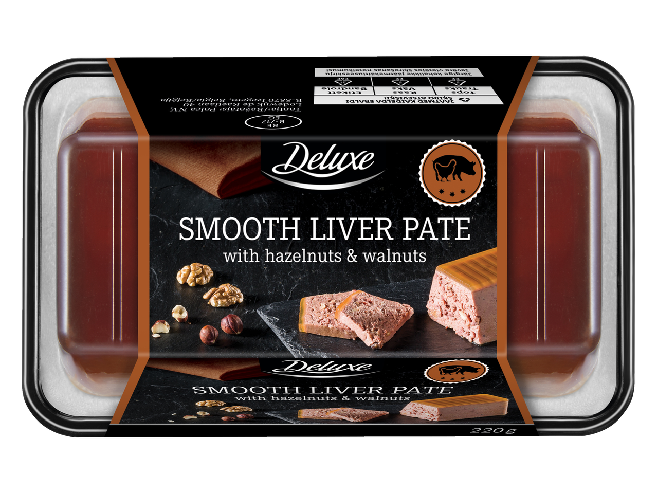 Deluxe zīmola gluda aknu pastete ar lazdu riekstiem un valriekstiem.