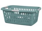 Cestino per bucato in plastica di colore verde acqua con maniglie.