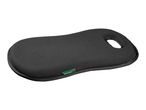Black ergonomic garden kneeling pad with a handle and a small green label.