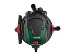 Top-down view of a black and green electric garden scarifier with red accents.