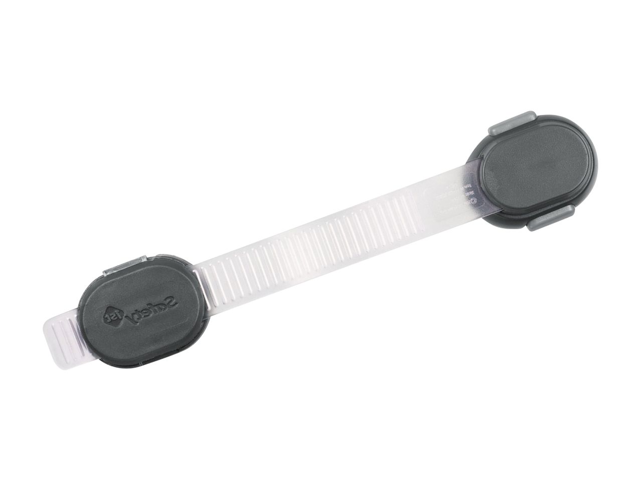 Grey and clear child safety lock for cabinets and drawers, angled on a white background.
