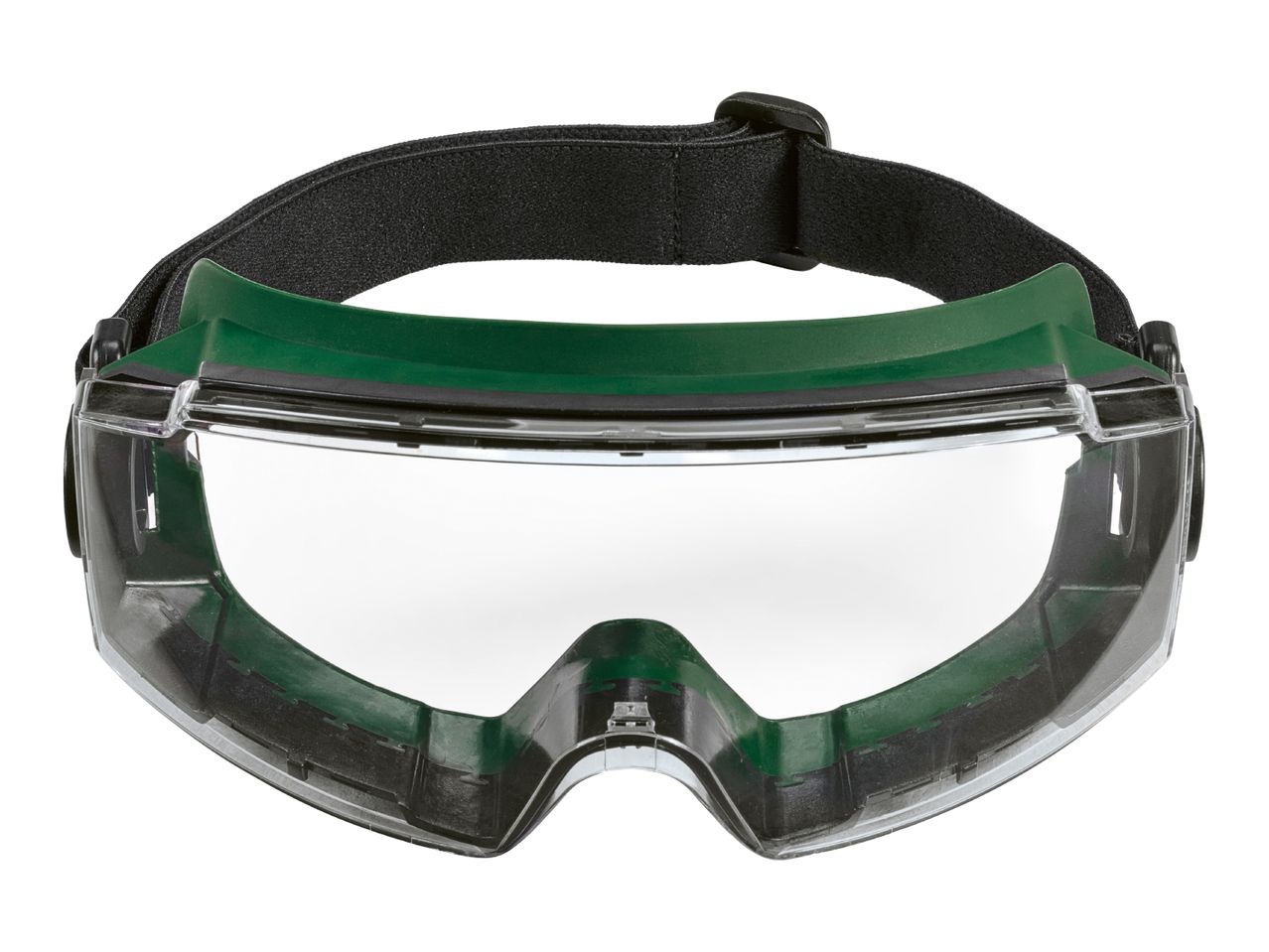 Green and black safety glasses with an adjustable headband.