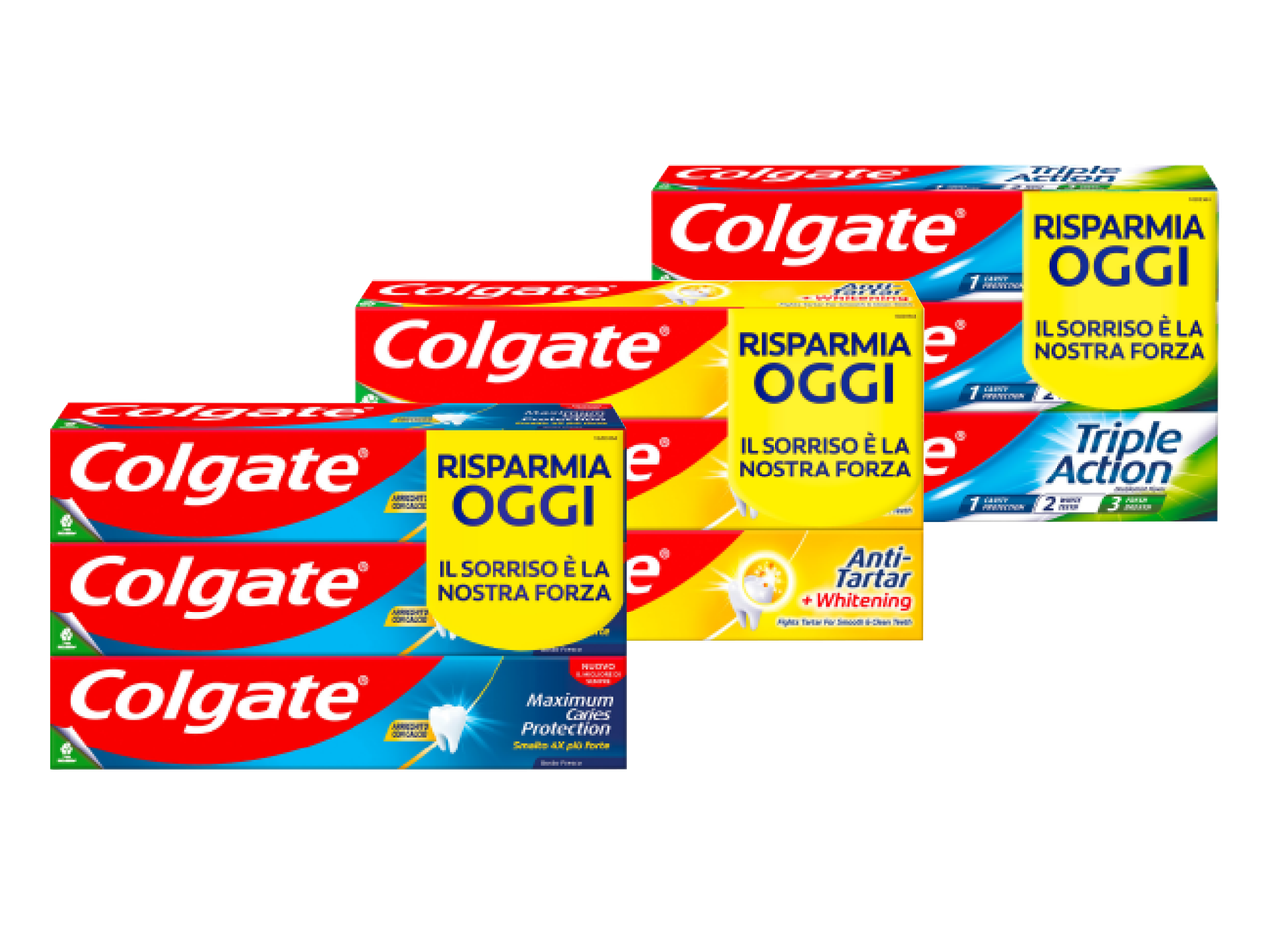Una pila di confezioni di dentifricio Colgate, con varianti come Triple Action, Anti-Tartaro e Maximum Caries Protection.