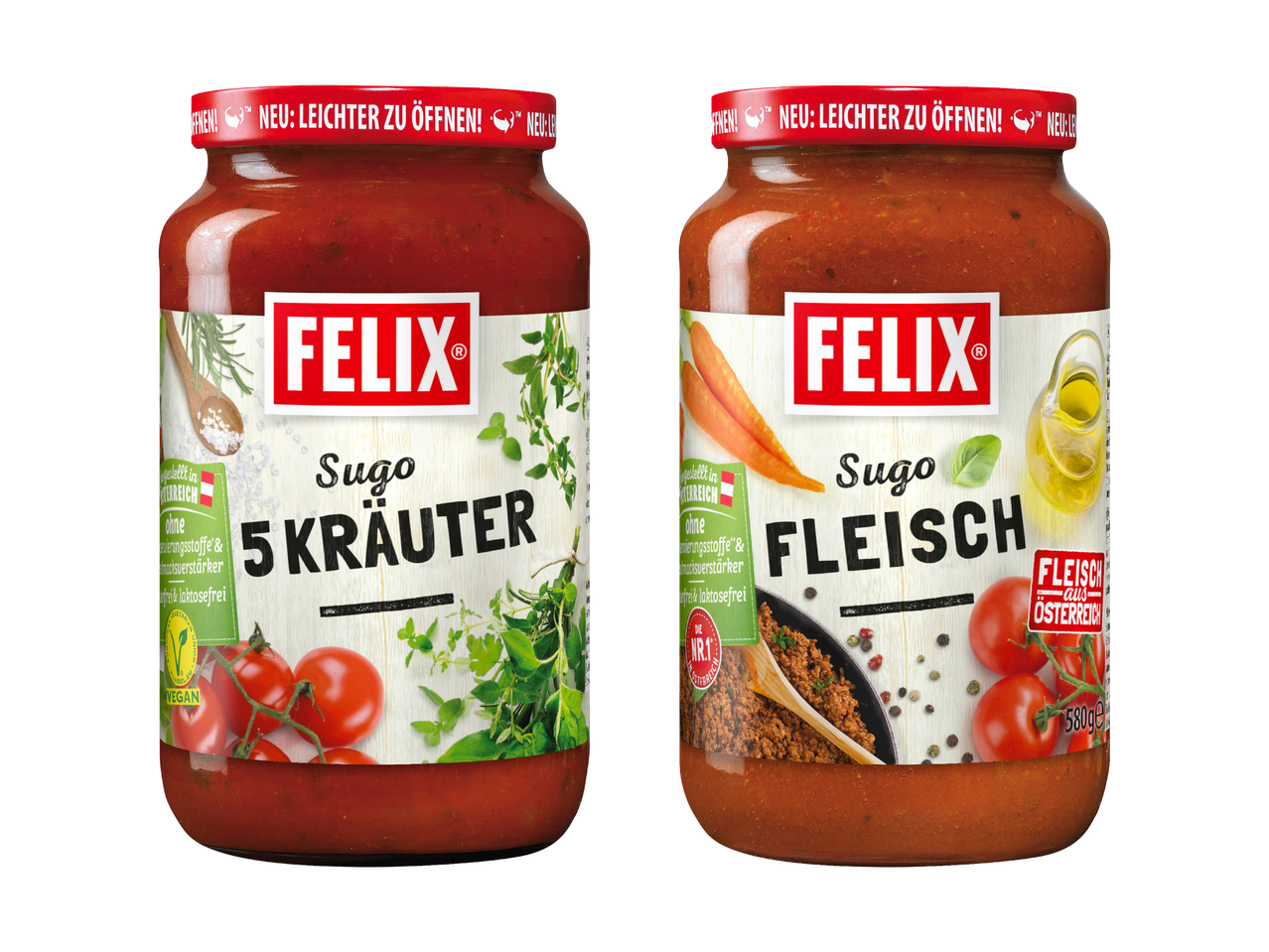 Zwei Gläser Felix Saucen: Kräuter und Fleisch.