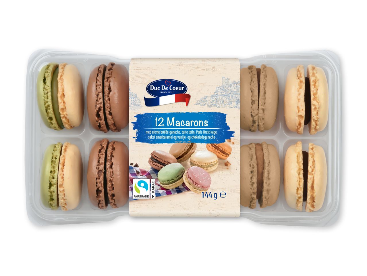 En pakke med 12 Duc De Coeur macarons i forskellige smagsvarianter.