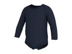 Dark blue long-sleeved baby bodysuit with snap fasteners at the crotch.