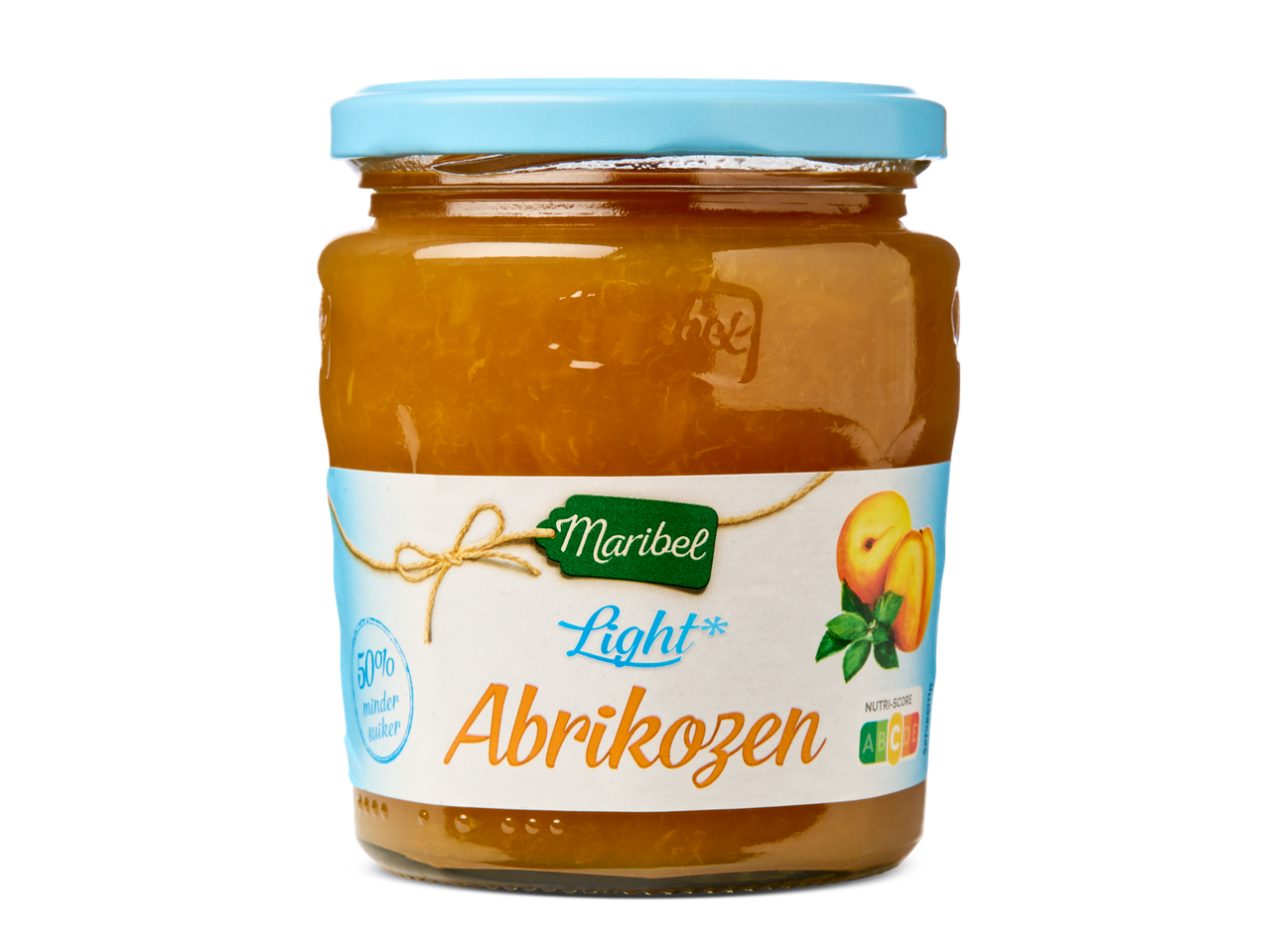 Maribel Light abrikozenjam in een pot.