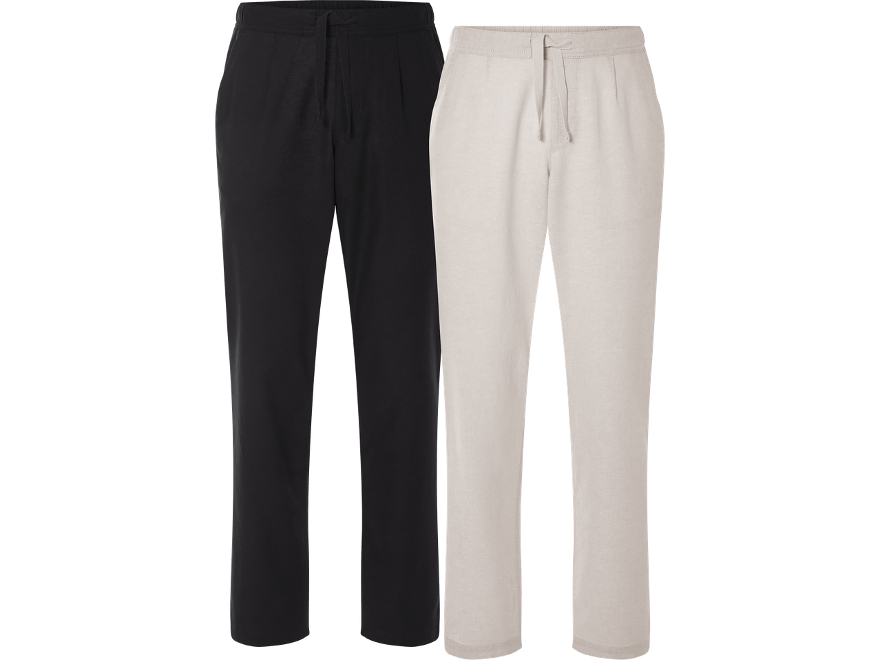 Två par byxor, en svart och en beige.