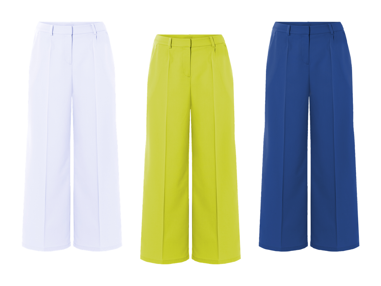 Trije pari širokih hlač v beli, limetino zeleni in modri barvi.