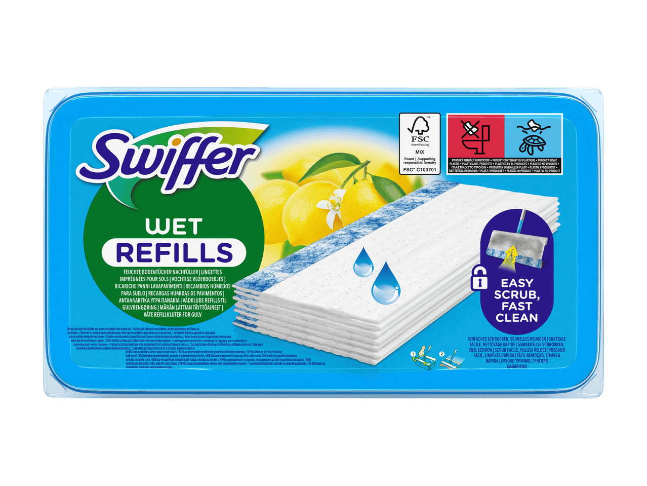 Swiffer Wet Refills mit Zitronenduft für einfache und schnelle Reinigung.
