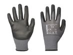 Two gray and black work gloves, one showing the palm and the other the back with product details.