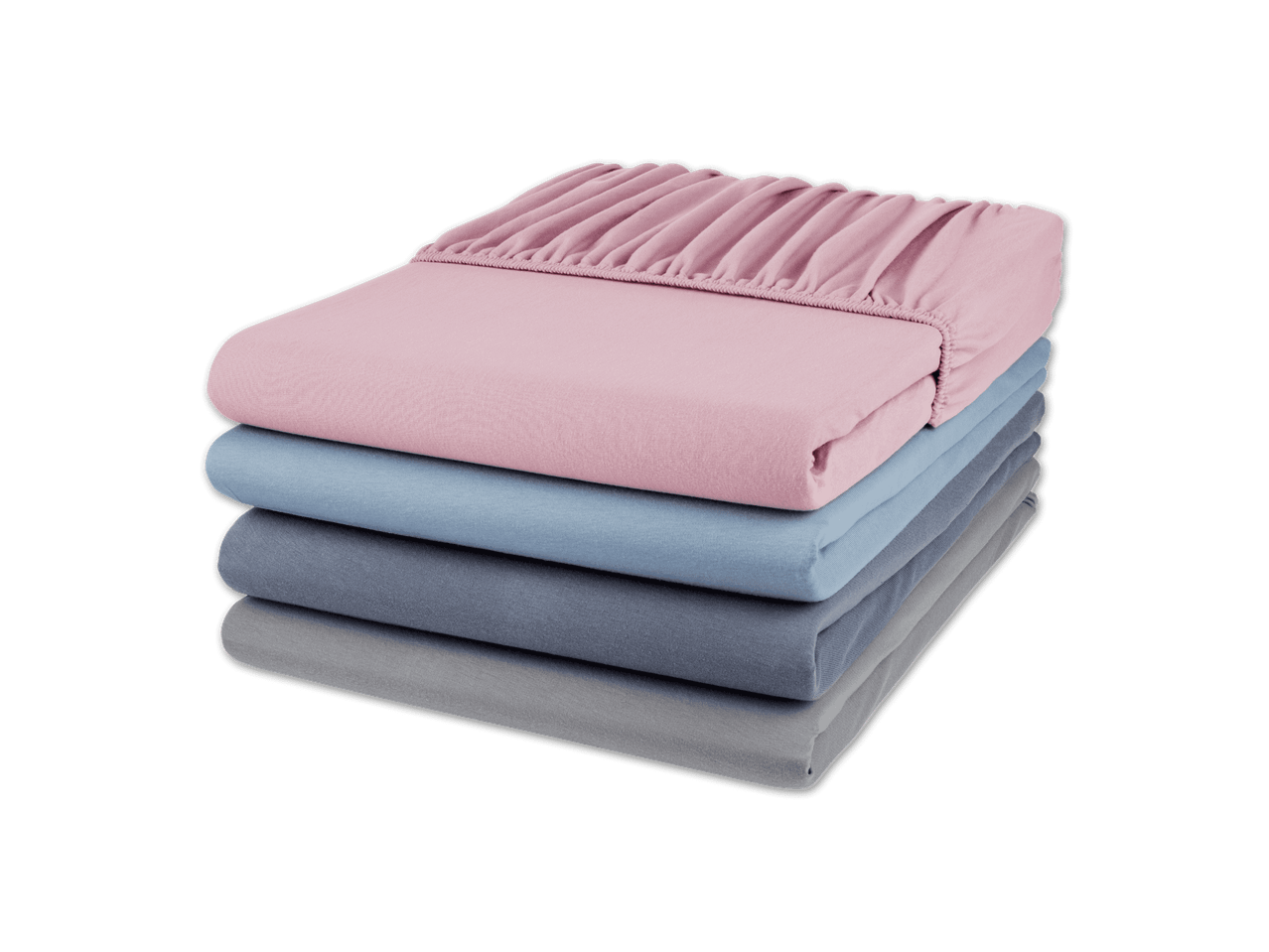 Stapel weicher Jersey-Spannbettlaken in Rosa, Hellblau, Dunkelblau und Grau.