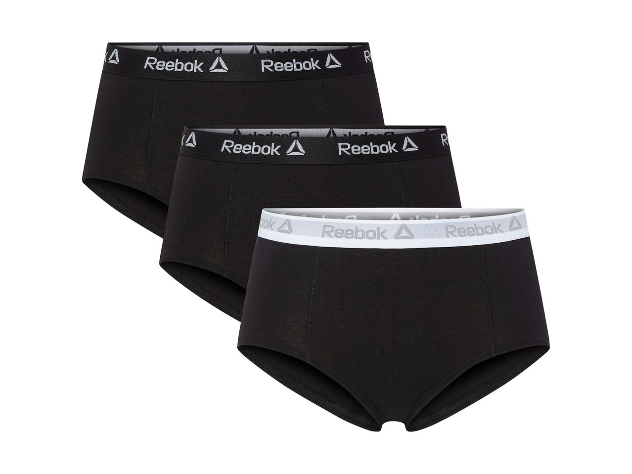 Tre sorte trusser med hvidt logo på linningen, stablet diagonalt.