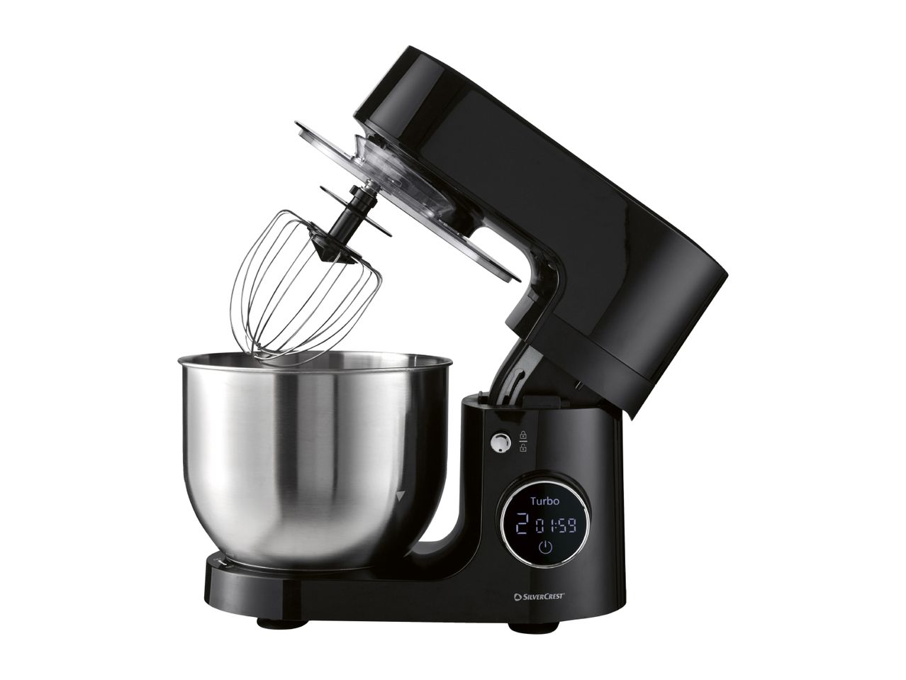 Black stand mixer with a stainless steel bowl and whisk, displaying a digital timer.