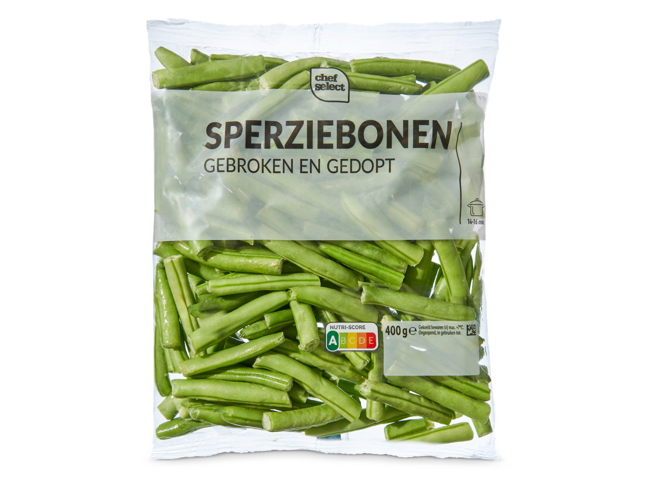 400g Chef Select sperziebonen, gebroken en geblancheerd.