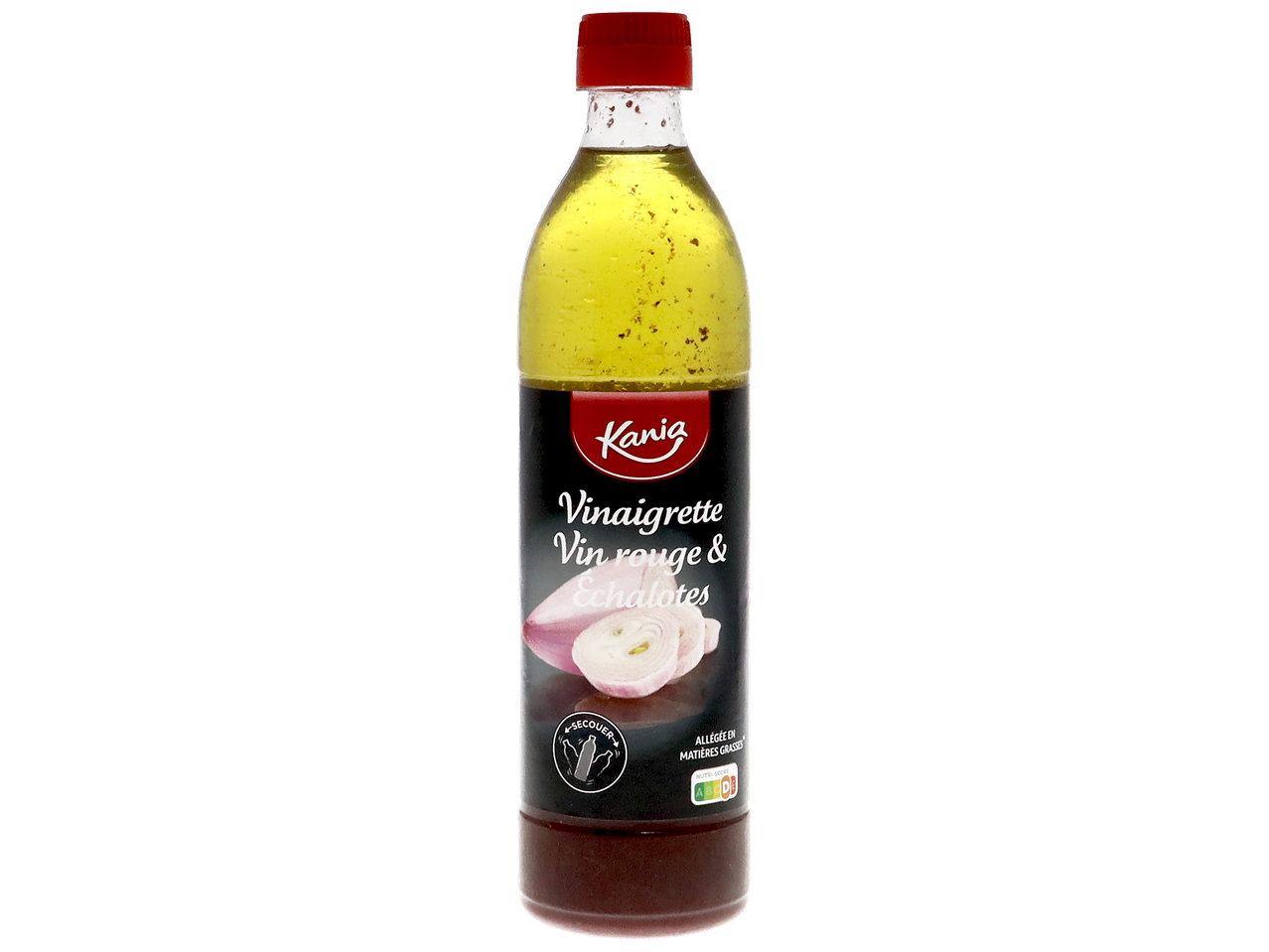 Bouteille de vinaigrette au vin rouge et échalotes, avec la mention 'allégée en matières grasses'.