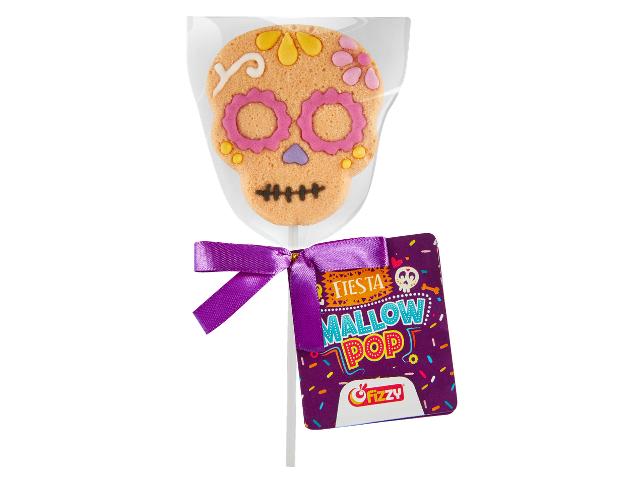 A sugar skull marshmallow pop with a purple ribbon and a 'Fiesta Mallow Pop' tag.