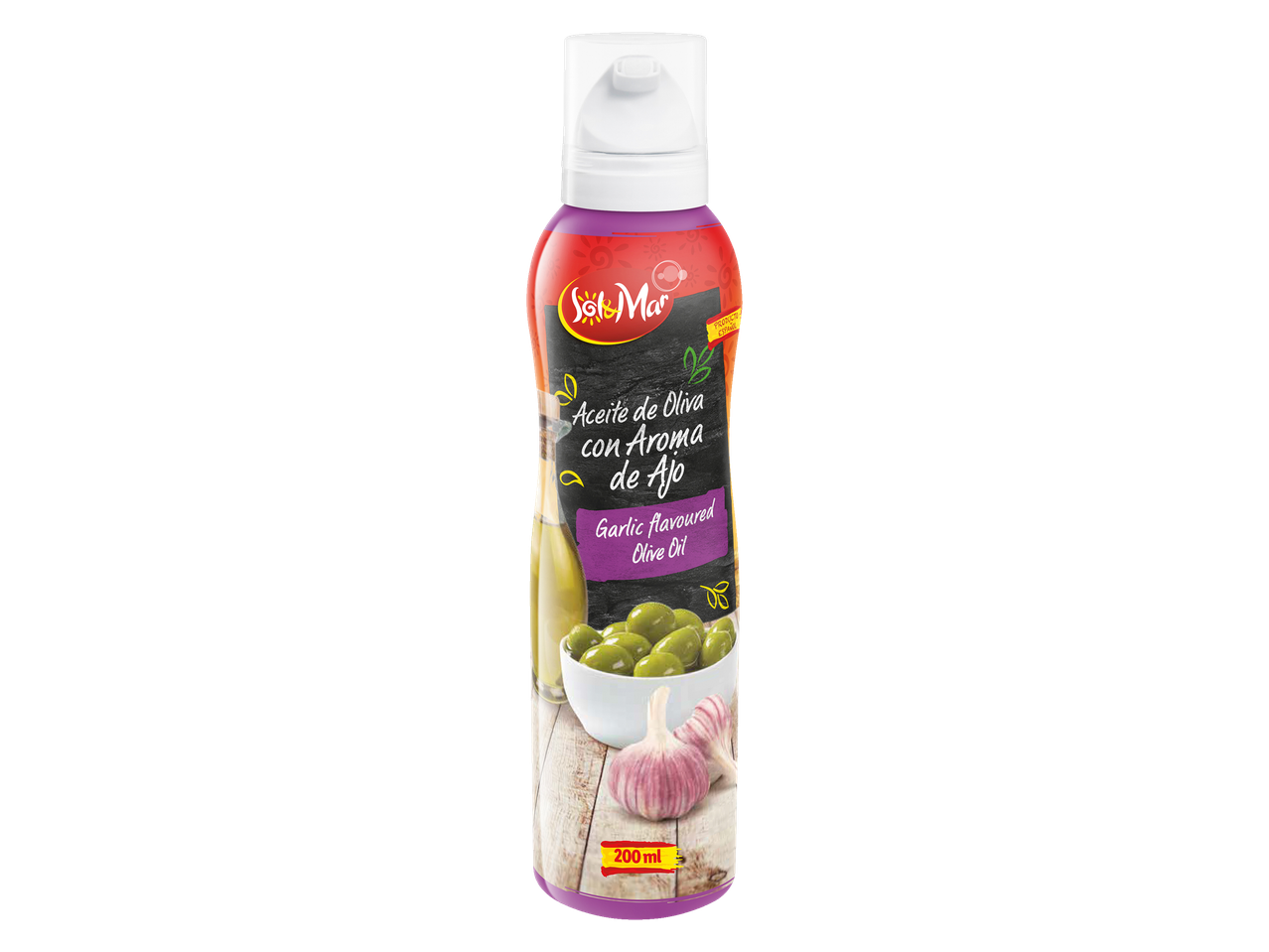 Sol&Mar olijfolie met knoflooksmaak, 200ml spuitfles.