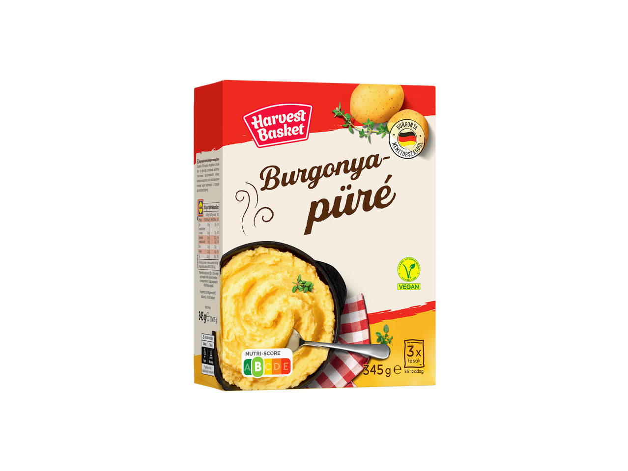 Harvest Basket Burgonyapüré csomagolás Nutri-Score A és Vegán címkével.