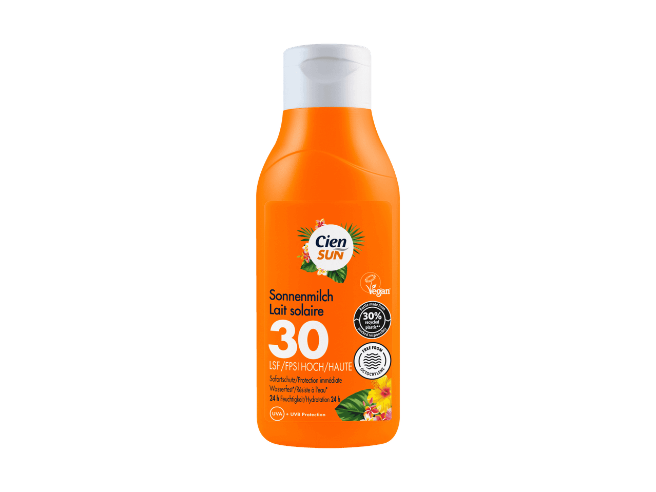 Latte solare con SPF 30, protezione immediata, resistente all'acqua e vegano.