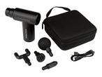 Black massage gun with various attachments, a carrying case, and a charging cable.